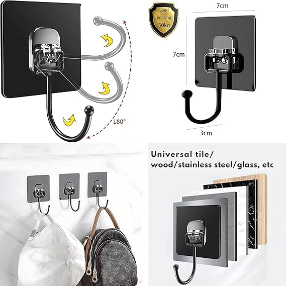Image of Maxxic Labaratories (20 pcs) Self Adhesive Wall Hooks Heavy Duty for Hanging up to 10 kg | Nail Free Sticky Hooks for Wall Heavy Items Without Drilling, Black Color Wall Hanger Hook
