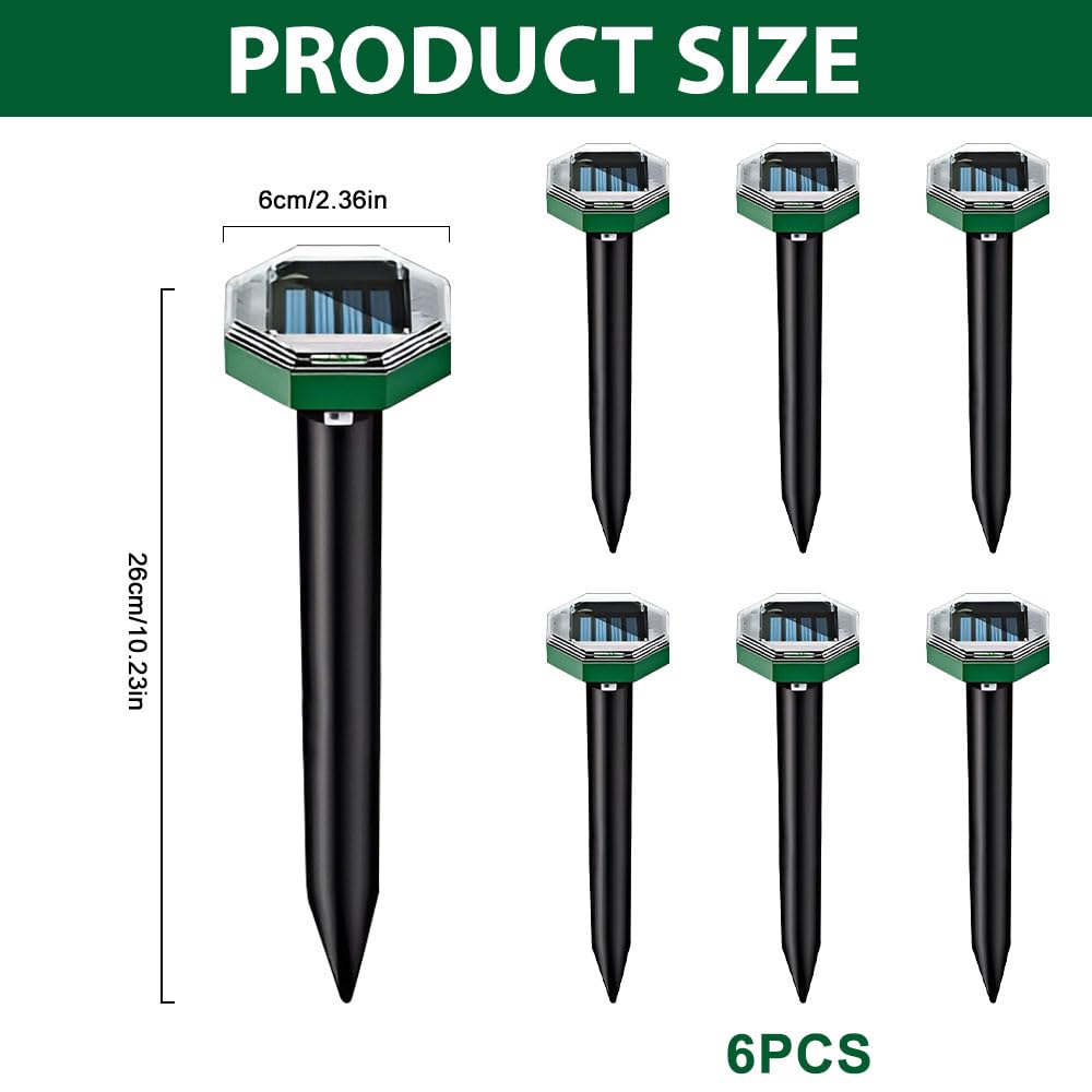 Ahuyentador de Topos Solar, 6 Piezas Solar Ultrasónico Ahuyentador de Topo, Repelente Solar para Topos, para Jardin y Cámping, AntiTopos, Serpientes, Ratones (Octágono)