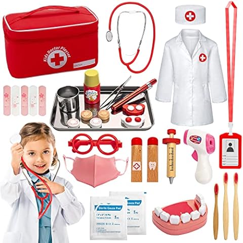 Sundaymot Kids Doctors Set, Doctors Case Children's Wooden Play Set, Dentist Wood with Real Stethoscope, Thermometer, Dental Case, Red Role Play Medical Toy Gift for Girls Boys 3 4 5 Years (32 Pieces) Cover