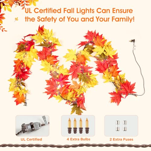 Thanksgiving Decorations for Home Large Maple Leaves 9Ft Plug in Thanksgiving Garland with Lights 50 Orange Bulbs UL Certified Connectable Fall Garland Lights for Indoor Outdoor Harvest Decorations by Meknow - Image 6