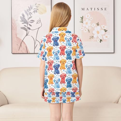 Kawaii Style Colorful Dog Cartoon Summer Pajamas Set Short Sleeve Button-Up Top Shorts 2PC Satin Sleepwear4