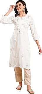 Ada Women &amp; Girls Cotton Straight Fit Hand Embroidered Lucknow Chikankari Straight Kurta Kurti A411369