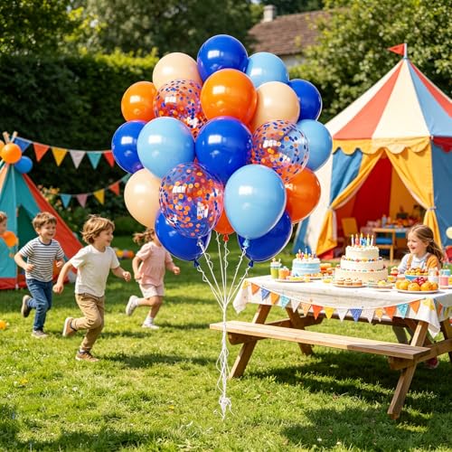 Image of Blue and Orange Balloons, 65pcs 12 Inch Royal Light Blue and Orange Beige Balloons for Birthday Graduation Baby Shower Party