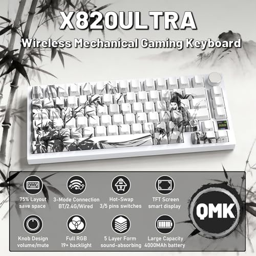 Image of ATTACK SHARK X820Ultra Wireless Mechanical Gaming Keyboard with Coiled Cable Side Print PBT Keycap 2.4Ghz /BT /Wired Hot Swappable RGB CNC Knob Gasket Mount QMK Web Driver Gift Switch-White bamboo