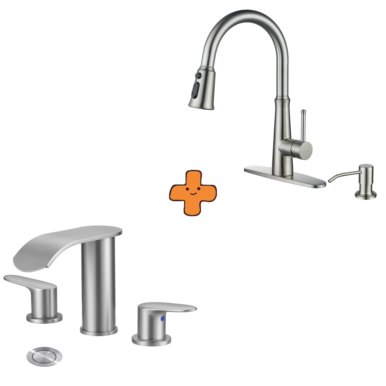 Jnfidosr Red/Blue Waterfall Bathroom Faucet 3 Holes 8 Inch Widespread Bathroom Sink Faucet And Kitchen Faucet With Sprayer,Brushed Nickel Single Handle High Arc Stainless Steel Kitchen Faucet Tap