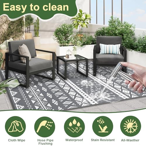 MOKANI Outdoor Teppich Wetterfest, Wendbarer Balkon Camping Teppich 150x240 cm, Kunststoff Stroh Terrasse Matte UV-beständige Outdoorteppich Rug Carpet für Garten RV Picknick, Boho-Style, Grau