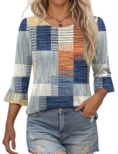 Kistore Damen Tops 3/4 Langarm Elegant Locker Rundhalsausschnitt Damenbluse Oberteile Frühling Mode Rüschenärmel Falten T Shirt L