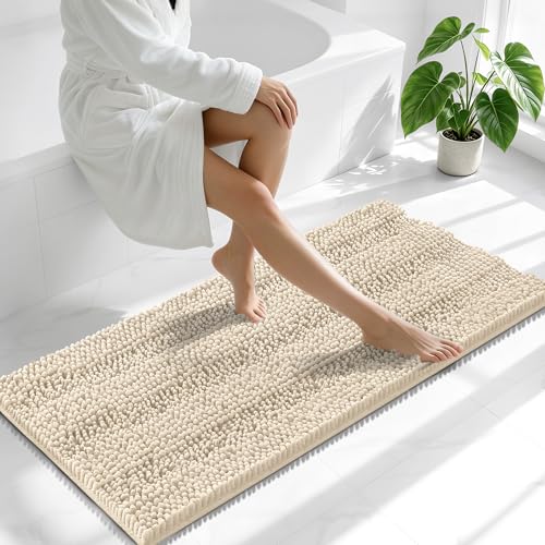 Image of Smiry Thick Chenille Bathroom Runner Rugs 47x20, Extra Absorbent Striped Bath Mat, Machine Washable, Rubber Backing, Long Bath Rugs for Tub & Shower, Modern Home Decor Accessories, Sand
