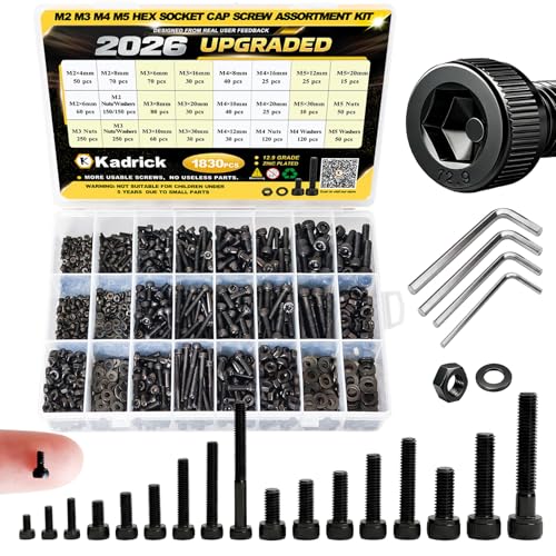 Image of Kadrick M2 M3 M4 M5 Metric Screws Kit 1830PCS, Optimized Assortment with More Screws & Fewer Washers, Class 12.9 Socket Head Cap Screws, Black Zinc Plated Metric Bolt Assortment for 3D Printing & DIY