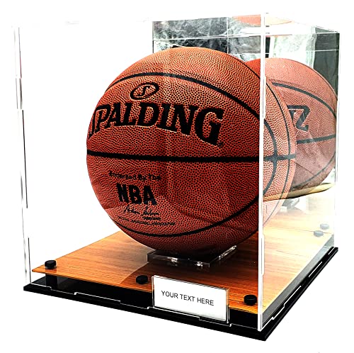 Full Size Basketball Square Shape Soccer Ball Acrylic Display Case Wood Box UV Protection 10x10x9 (Wood Platform)