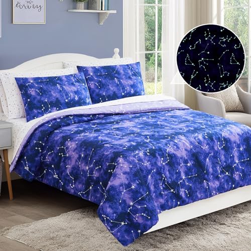 Full Size Comforter Set -7 Pieces Girls Boys Galaxy Glow in The Dark Full Bedding Sets for Kids, Ultra Soft Bed in A Bag with Sheets