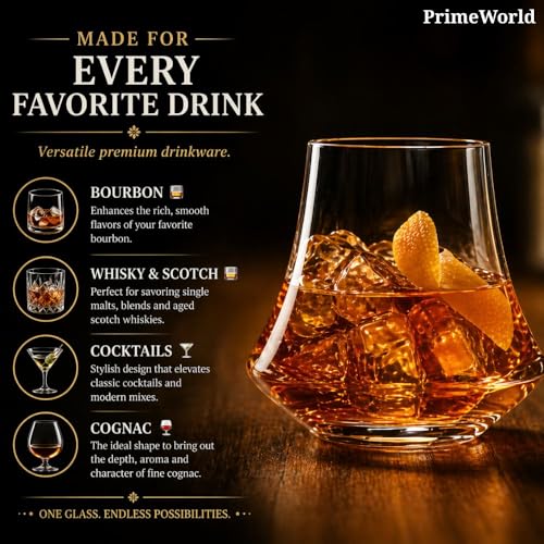 Image of PrimeWorld Old Fashioned Whiskey Glasses 300 ml - Set of 6 Pcs | Hand-Blown Lead-Free Crystal Glass Tumblers for Bourbon, Scotch, Whisky, Cocktails & Cognac | Premium Barware for Men & Women