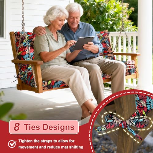 Image of Porch Swing Cushions Outdoor 48 inch x 40 Waterproof Swing Cushions 3 Seater Replacement with Backrest & 8 Ties 5 inch Thick Bench Swing Cushions for Outdoor Furniture Patio(Leaf Print)