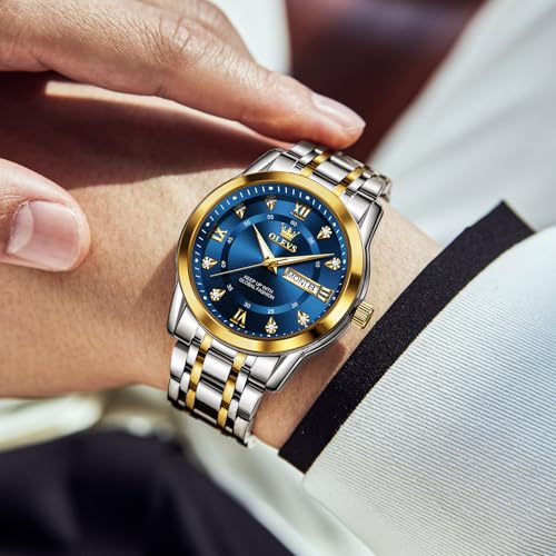 OLEVS Men's Stainless Steel Watch, Large Face Roman Numerals Diamond Accented Three-Hand Analog Quartz Watches for Men, Easy to Read Day Date Waterproof Luminous Mens Wristwatch2