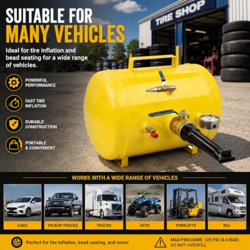 Image of XtremepowerUS 5-Gallon Heavy Duty Tire Bead Seater Air Blaster, 145 PSI Air Cannon with Pressure Gauge, Fast Tire Seating Inflator for Trucks, Tractors, ATVs, RVs, Pickups, Cars & Off-Road Vehicles