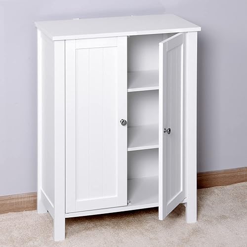 Miniatura 2 de Armario de almacenamiento de piso de baño con estante ajustable de doble puerta, gabinete, 2 puertas, organizador de madera independiente para baño,