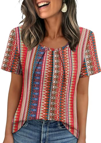 Image of WIHOLL Women T Shirts Pleated Short Sleeve Tops Business Casual Dressy Blouses
