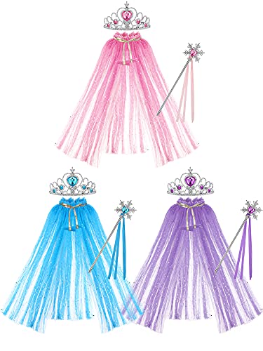 3 Sets Princess Dress Costume for Women Girls Princess Cape and Princess Accessories Shining Princess Tiara Crowns and Princess Wand for Birthday Festival Party