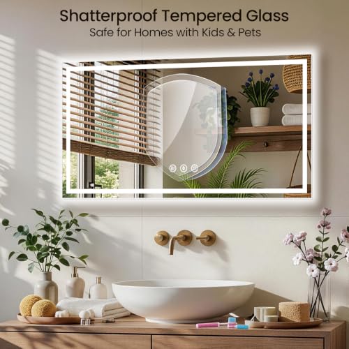 Image of 48x36 LED Bathroom Mirror with Anti-Fog, Backlit & Front Lit, Memory | Stepless Dimmable 3 Color CRI 95+ Shatterproof Tempered Glass ETL Listed for Safety Lighted Bathroom Vanity Mirror for Wall