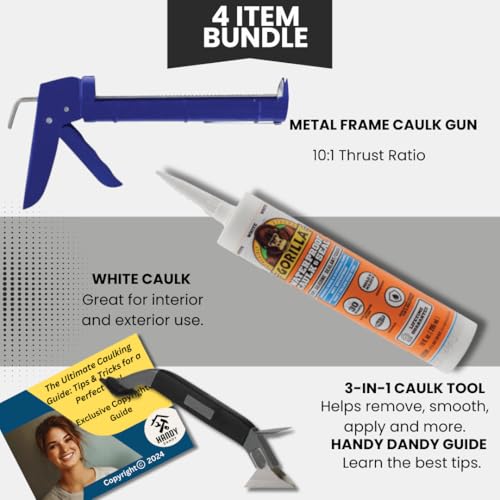 Image of HANDY DANDY Caulking Kit Bundle with Gorilla White Silicone Caulk(10oz), Drip-Free 10:1 Caulk Gun & 3-in-1 Tool - Waterproof Sealant for Bathroom, Kitchen, Window, Exterior - DIY Guide