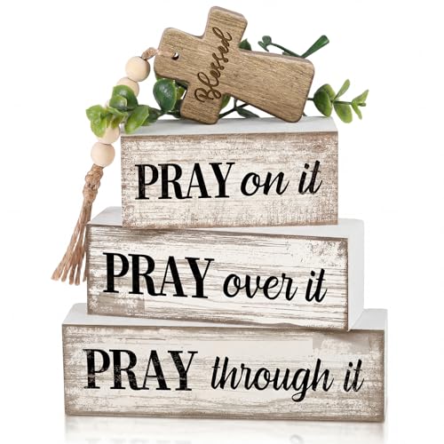 Image of Moucuny 4 Pcs Christian Table Decor Wooden Cross Wooden Bible Verse Sign Inspirational Religious Christian Centerpiece Pray Block Signs Farmhouse Table Decoration for Mother's Day