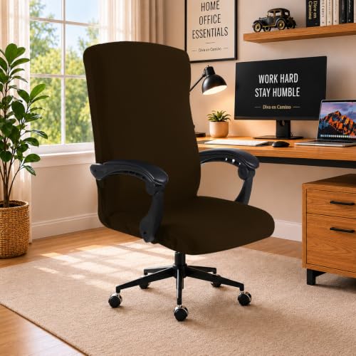 Image of DIVA EN CAMINO DEC Stretchable Office Chair Cover with Durable Zipper, Soft Slipcover for Computer Desk Chair, Brown