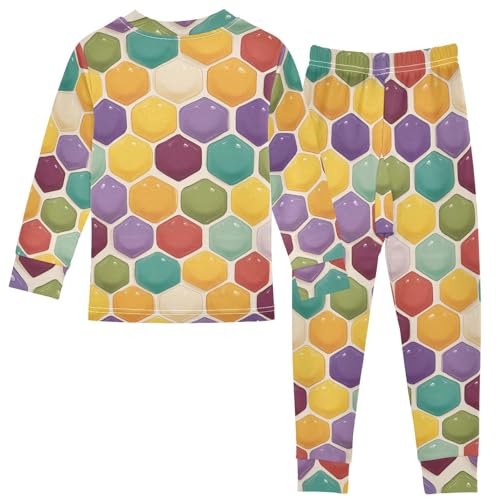 Pajama Sets Long Sleeve Colorful Hexagon Tiles Pattern Design Soft Comfy Sleepwear 2 Piece PJS 3-8T3