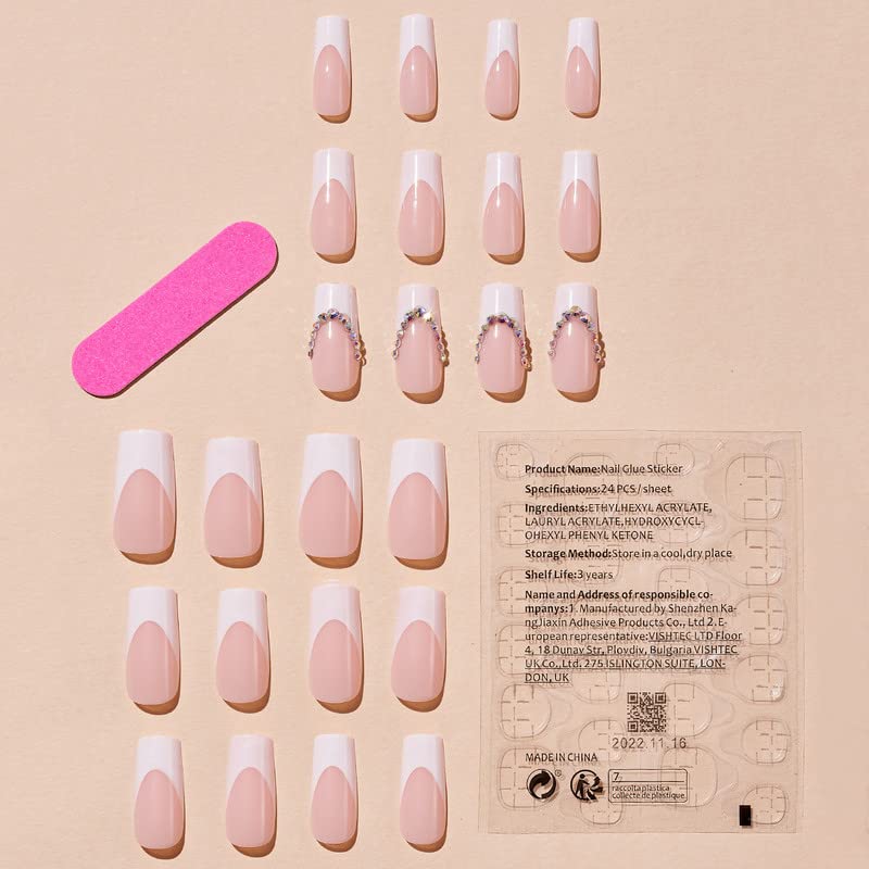 Miniatura 3 de Uñas postizas blancas de punta francesa rosa con diamantes de imitación, uñas postizas cuadradas largas y cuadradas, juego de uñas postizas