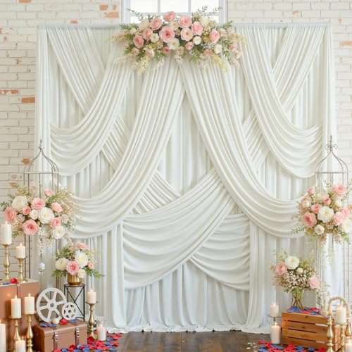 Image of 12 Panels 5x12ft Ivory Backdrop Curtains for Parties, Wrinkle Free Polyester Ivory Photo Backdrop Drapes 12 ft Long Back Drop Cloth for Wedding Birthday Photography Background Party