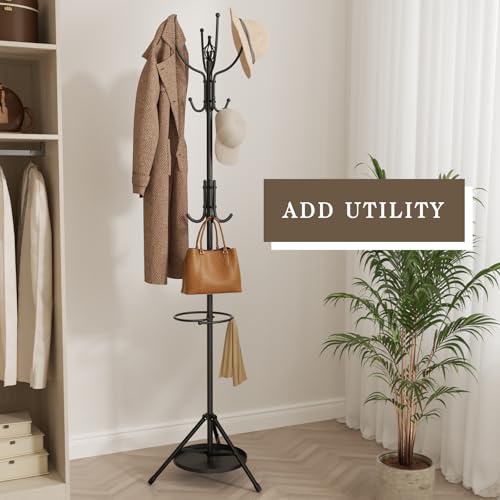 InnJoey Coat Rack Freestanding - 67\" H Black Metal Coat Rack Stand with Umbrella Holder with 12 Hooks for Bathroom Bedroom Entryway Living Room & Office for Hats, Coats, Scarves, Handbags
