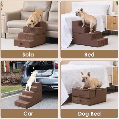 Image of EHEYCIGA Dog Stairs for Bed 18 inch H, 4-Step Extra Wide Dog Steps for High Bed, Pet Steps for Small Dogs and Cats, Non-Slip Balanced Pet Ramp Indoor, Brown
