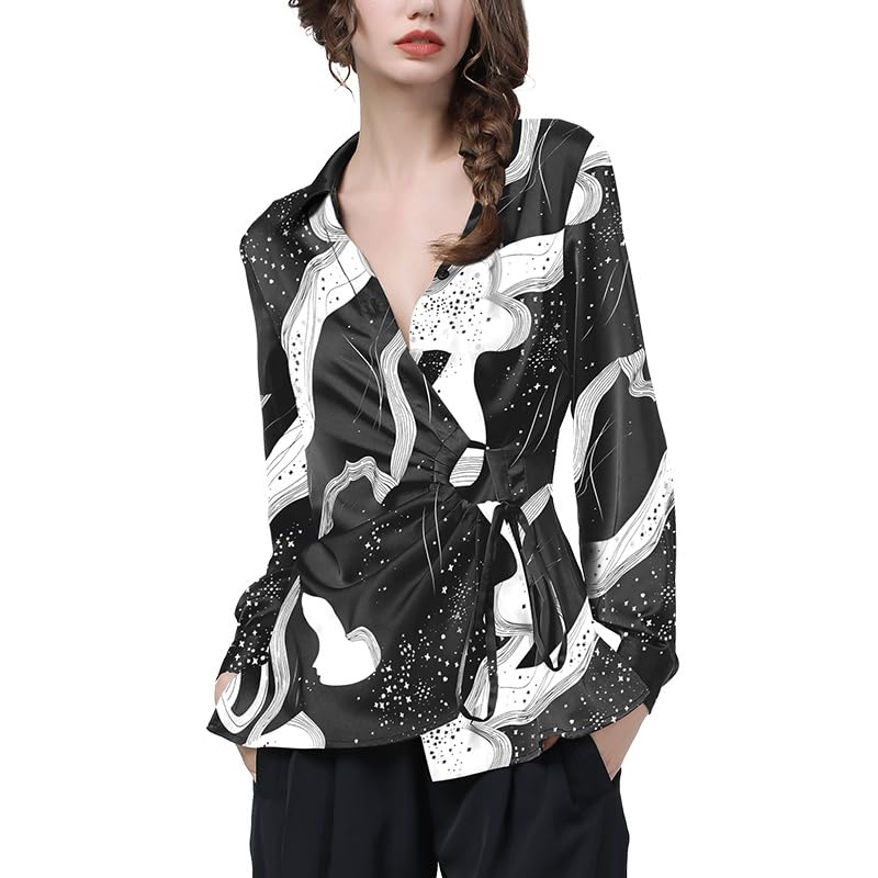 Hauts en Satin pour Femmes, Ample, Grande Taille, col Rabattu, tempérament en Dentelle, Chemises décontractées imprimées Assorties avec Tout (Couleur comme sur l'image L)