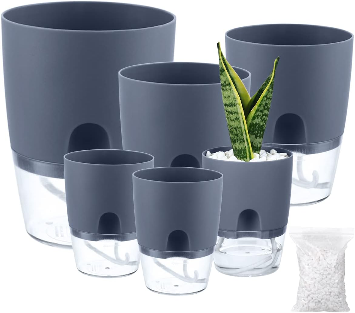 6-Pack 5 Inch Self-Watering Planters – White Modern Flower Pots With Reservoir Tray & Watering Lip, High Drainage For Indoor Outdoor Plants