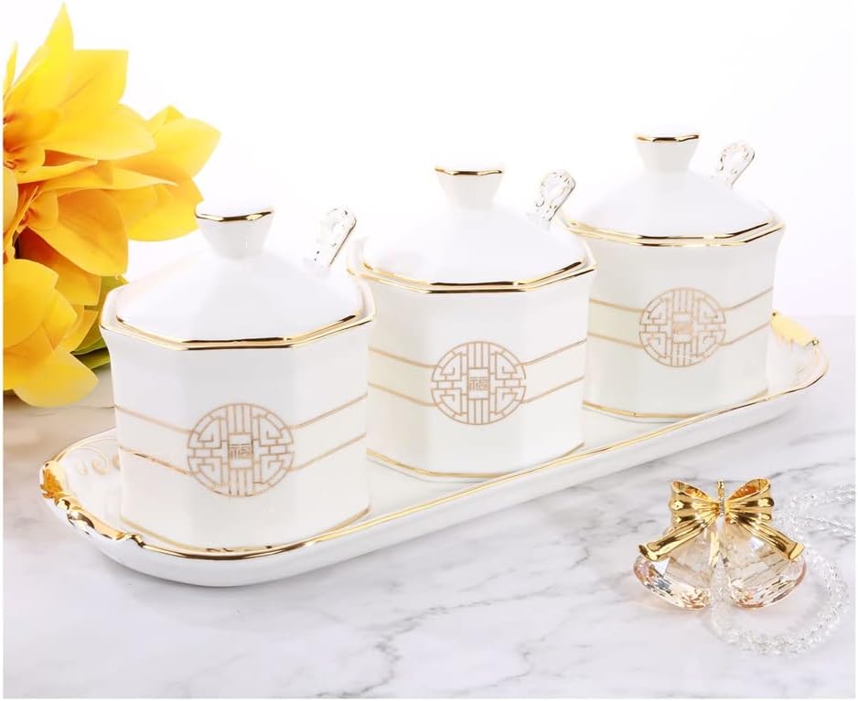 DNCG Condiment Can New Chinese Ceramic Seasoning Jar Set Seasoning Box Oil Pot Salt Jar Sugar Jar Tray Kitchen Restaurant Porcelain Spice Jar Storage Bottle Set