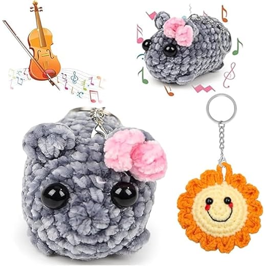 Guidre 2pcs Llavero de Hámster Triste, Peluche Sad Hamster Keychain, Muñeca de Tejer de Hámster Triste Hecha a Mano, Hamster Juguetecon Sonido de Violin, Regalo único Adorno Para Niños y Adultos