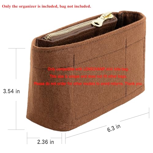 Image of Mini Purse Organizer Insert for Longchamp Le Pliage Small Tote - Felt Inner Bag Liner with Zipper Pocket, Lightweight Storage for Mini Handbags, Brown