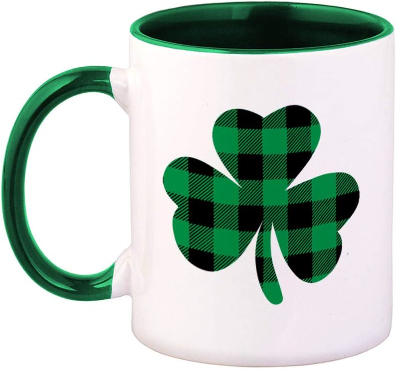 Colorful Coffee Mug Plaid Shamrock Clover Irish St Patrick's Ireland Lucky Holidays and Occasions St Patrick's Day Ceramic Tea Cup 11 Oz Green Inner Handle Design Only