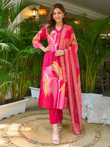 Image of ANNI Designer Cotton Blend Printed Straight Kurta with Pant and Dupatta for Women | Cotton Blend Pink | 3 /4 Sleeve | V-Neck | Ethnic Wear Casual Wear