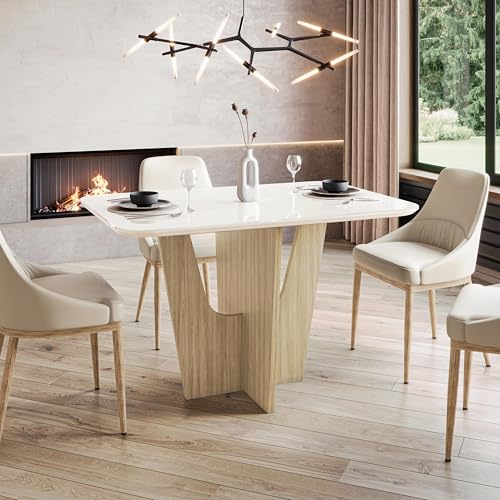 Moderna mesa de comedor de cristal pintado para 4 personas con tapa de vidrio templado y base de madera contemporánea, elegante y compacto diseño de estilo italiano para comedores, beige cálido y
