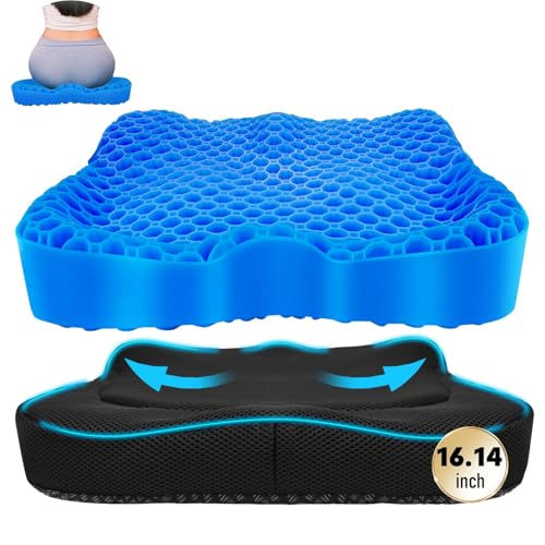 Cooling Gel Seat Cushion, Thickened Big Breathable Honeycomb Design Absorbs Pressure Points Gel Cushion with Anti-Slip Cover Cooling Seat Cushion for Office Chair Home Car Seat Cushion for Wheelchair