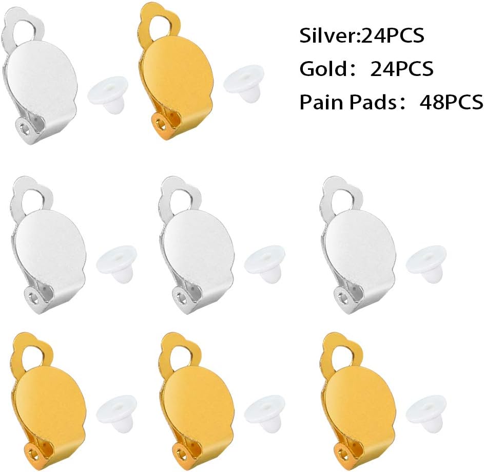 PP OPOUNT 48 Pieces Round Flat Back Tray Earring Clips and 48 Pieces Clip-on Earring Findings Pad Base for Non-Pierced Ears and Non Piercing DIY Earring Making Jewelry (Silver and Gold,16 x 10 mm)