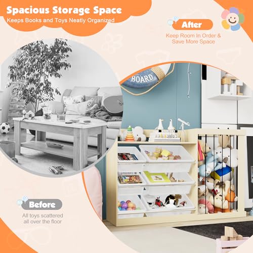 Image of Naches Kids Toy Organizer and 4-Tier Montessori Bookshelf with 6 Bins, 3-in-1 Toy Shelves and Stuffed Animal Storage for Playroom, Nursery, Baby Room (Burlywood)