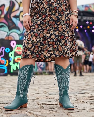 Image of Uillnoodu Wide Calf Cowboy Boots Women Adjustable Lace Up Knee High Tall Plus Size Cowgirl Boots Western Style Comfortable 2-Inch Heel