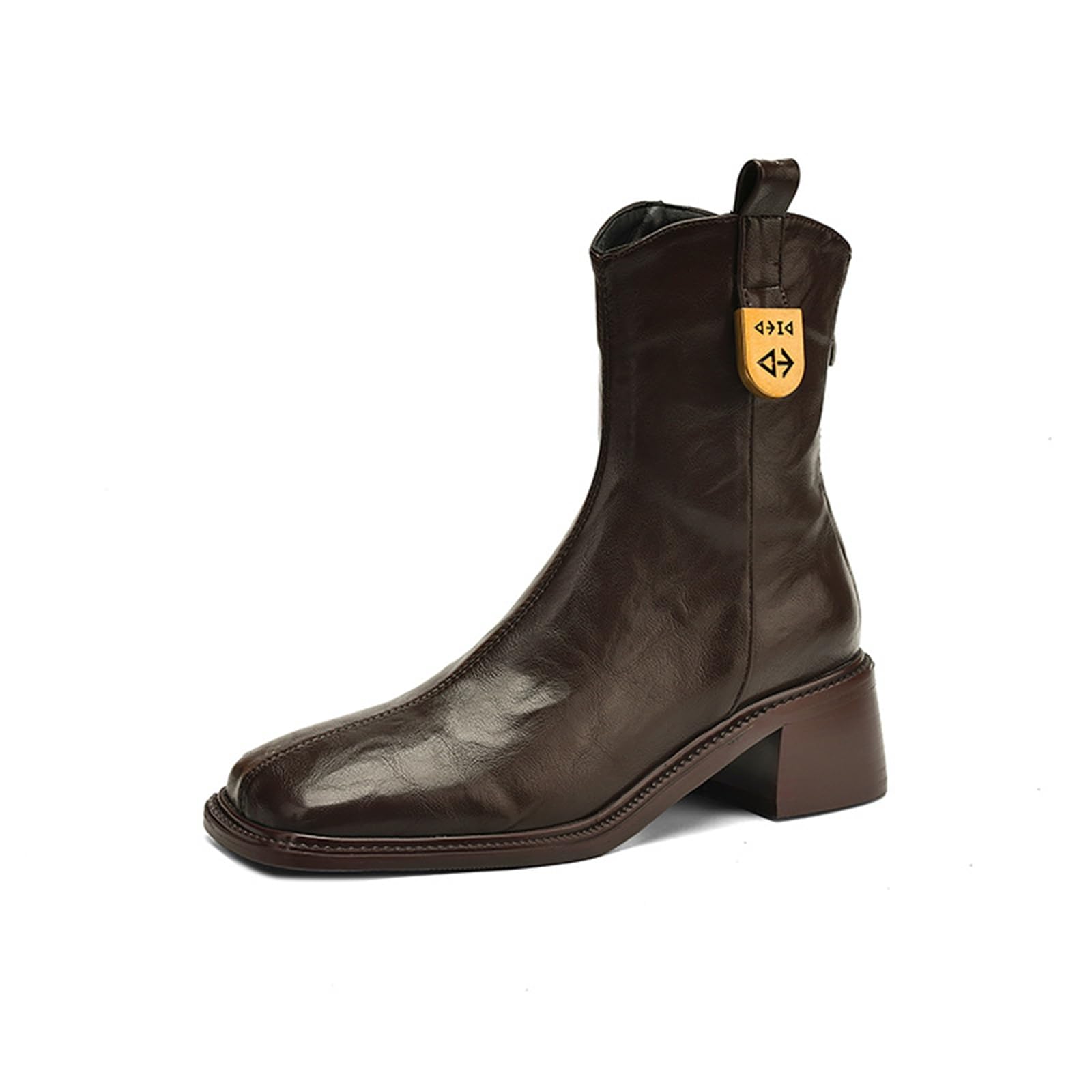 Womens Genuine Leather Fashion Square Toe Ankle Boots With Zipper And Mid-Heel Thick Heel Short Boots Are Suitable