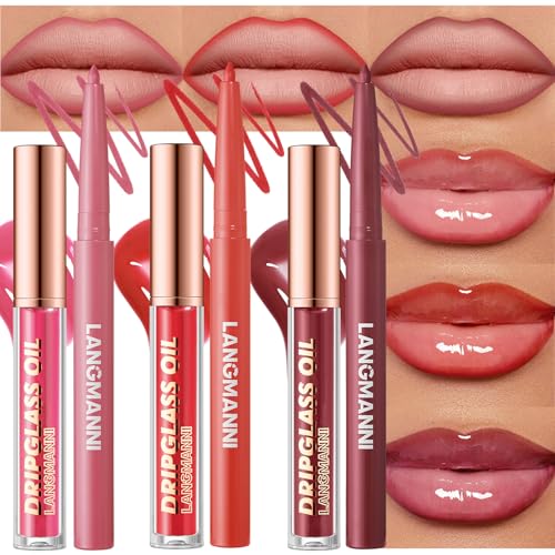 6Pcs Lip Liner and Gloss Set, Plumping Hydrating Lip Oil Combo (Set B)