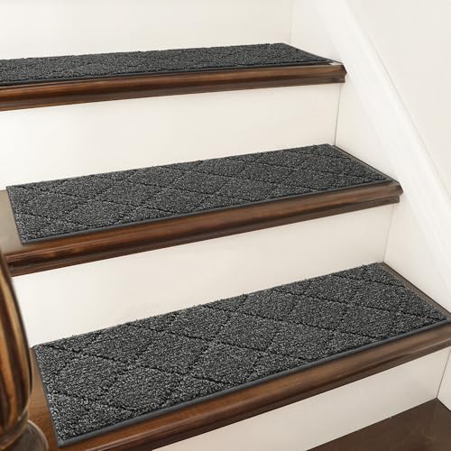 COSY HOMEER Edging Stair Treads Non-Slip Carpet Mat 28inX9in Indoor Stair Runners for Wooden Steps, Edging Stair Rugs for Kids and Dogs, 100% Polyester TPE Backing (10pc, Black) Black 10pc