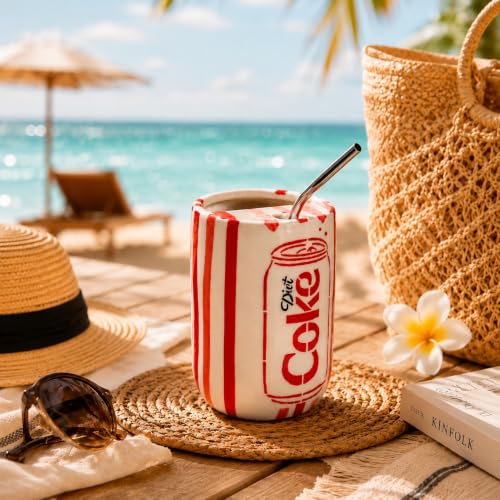 Image of OCEAN STORE Handmade Ceramic Diet Coke Can Fizz Sipper Mug with Stainless Steel Straw, 500 ml, Microwave & Dishwasher Safe (Set of 2)