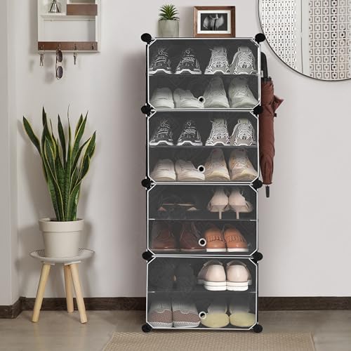 Image of ABOUT SPACE Shoe Rack for Home with Door - 16 Pair DIY Slipper Stand with Hanger, 6 Cube Expandable Shelves Closed Shoes Rack for Home Men, Women Heels Boots Flip-Flops (Black-L 80 x B 30 x H 135 cm)