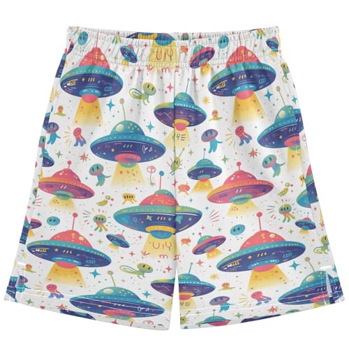 Boys Athletic Shorts with Pockets Spaceship Running Basketball Shorts for Youth Elastic Waist Size 7-8
