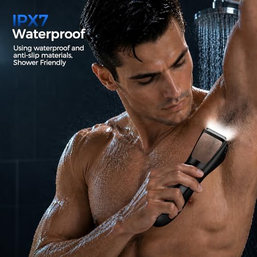 Image of Bikini Trimmer for Men, 2 in 1 Electric Razors Shaver, IPX7 Waterproof Body Hair Trimmer with Mirror, LED Light & Display, Painless Pubic Hair Removal, Black